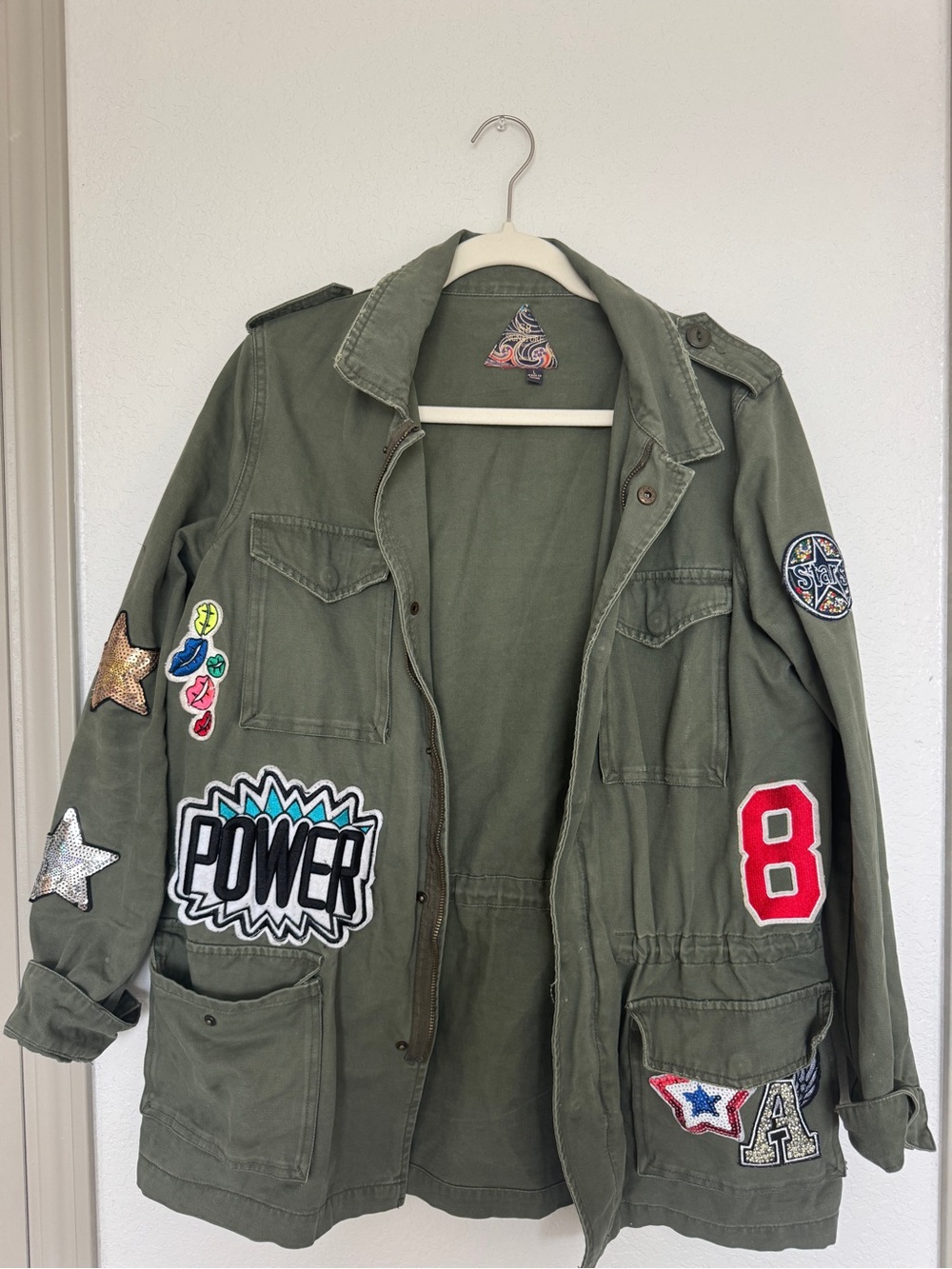 Signature Olive Green Military Jacket with Colorful Patchwork